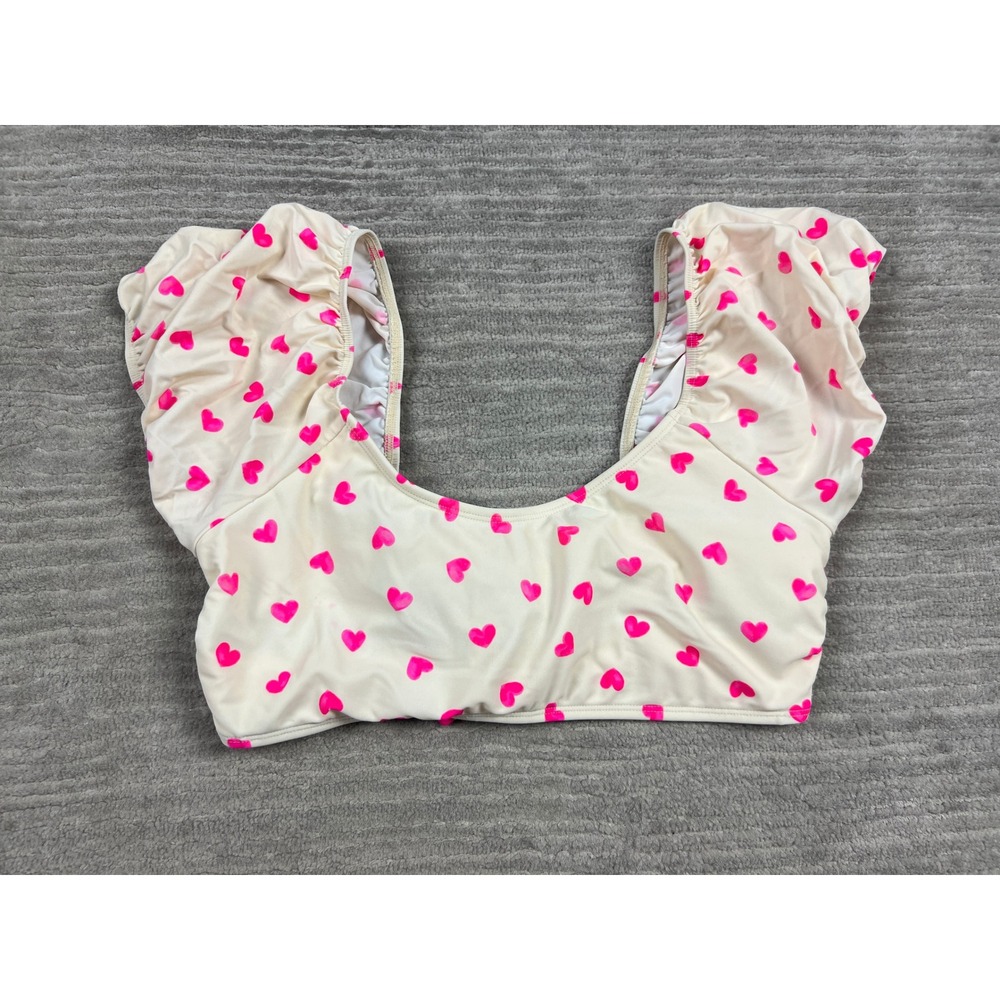 Decree Bikini Top Womens L Cream Pink Heart Print Ruffle Sleeve Square Neck Tie